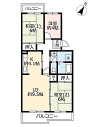 UR都市機構鹿の子台北ハイツ2号棟 3LDKの間取図画像