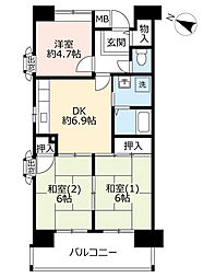 UR都市機構グリーンヒルズ六甲9号棟 2LDKの間取図画像