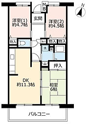 UR都市機構グリーンヒルズ御影7号棟 3LDKの間取図画像