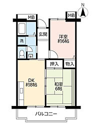 UR都市機構アクティ学園西町748号棟 2DKの間取図画像