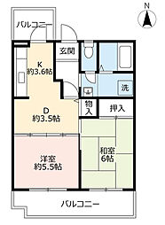 UR都市機構アクティ学園西町748号棟 2DKの間取図画像