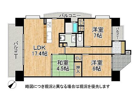 南西角部屋で3面バルコニー有、ペット飼育可の3LDKの間取り
