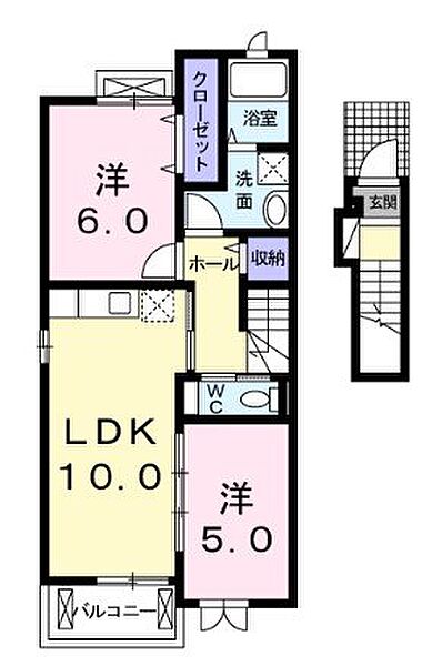 広島県福山市東川口町３丁目(賃貸アパート2SLDK・2階・54.40㎡)の写真 その3