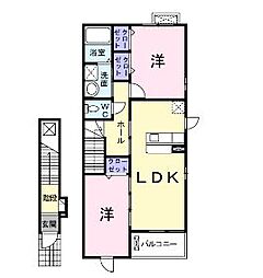 JR福塩線 万能倉駅 徒歩22分の賃貸アパート 2階2LDKの間取り