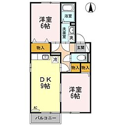 JR福塩線 万能倉駅 徒歩15分の賃貸アパート 2階2LDKの間取り