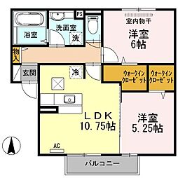 JR福塩線 横尾駅 徒歩16分の賃貸アパート 2階2LDKの間取り