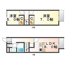 JR山陽本線 東尾道駅 徒歩16分の賃貸アパート 2階2LDKの間取り