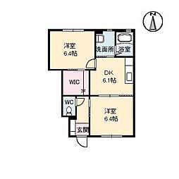 JR福塩線 万能倉駅 徒歩15分の賃貸アパート 1階2DKの間取り