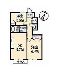 JR山陽本線 福山駅 徒歩25分の賃貸アパート 1階2DKの間取り