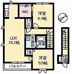 JR山陽本線 福山駅 6.5kmの賃貸アパート 2階2LDKの間取り