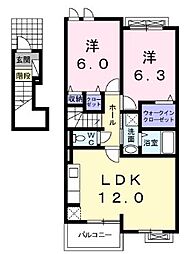 JR福塩線 戸手駅 徒歩5分の賃貸アパート 2階2LDKの間取り