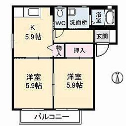 JR福塩線 新市駅 徒歩10分の賃貸アパート 1階2Kの間取り