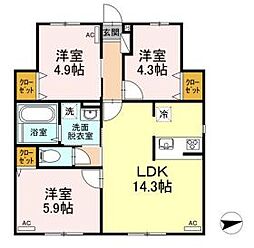 JR山陽本線 東福山駅 徒歩10分の賃貸アパート 1階3LDKの間取り