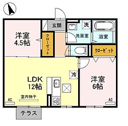 JR山陽本線 東福山駅 4.9kmの賃貸アパート 1階2LDKの間取り