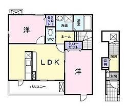 JR福塩線 万能倉駅 徒歩10分の賃貸アパート 2階2LDKの間取り