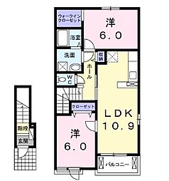 JR福塩線 神辺駅 徒歩5分の賃貸アパート 2階2LDKの間取り