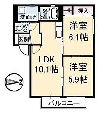 JR福塩線 備後本庄駅 徒歩22分の賃貸アパート 1階2LDKの間取り
