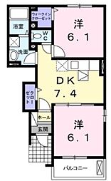 JR福塩線 万能倉駅 徒歩10分の賃貸アパート 1階2DKの間取り