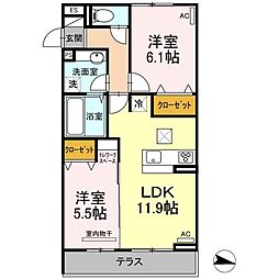 JR福塩線 万能倉駅 徒歩10分の賃貸アパート 1階2LDKの間取り