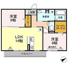 JR福塩線 高木駅 徒歩10分の賃貸アパート 2階2LDKの間取り