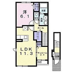 JR山陽本線 福山駅 4.6kmの賃貸アパート 2階1SLDKの間取り