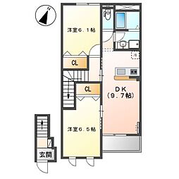 スカイム 2階2DKの間取り