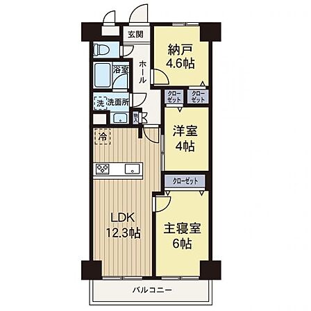 【間取図】12.3帖のLDKと洋室3室を配したプラン、7階部分南東向きバルコニーが開放感のを演出してくれます。