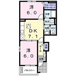 サンデリアーナII Ｂ 1階2DKの間取り