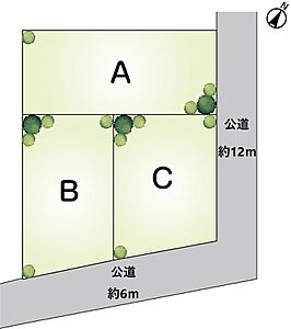 区画図：A：165.3ｍ2（1,500万円）　B：189.49ｍ2（2,120万円）　C：189.49ｍ2（2,280万円）