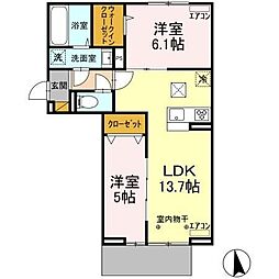 ガーネット 3階2LDKの間取り