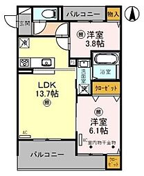K-APARTMENT 2階2LDKの間取り