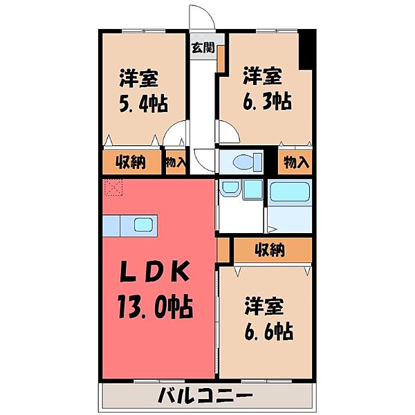 材木町ヴィラージュマンション ｜栃木県宇都宮市材木町(賃貸マンション3LDK・3階・70.35㎡)の写真 その2