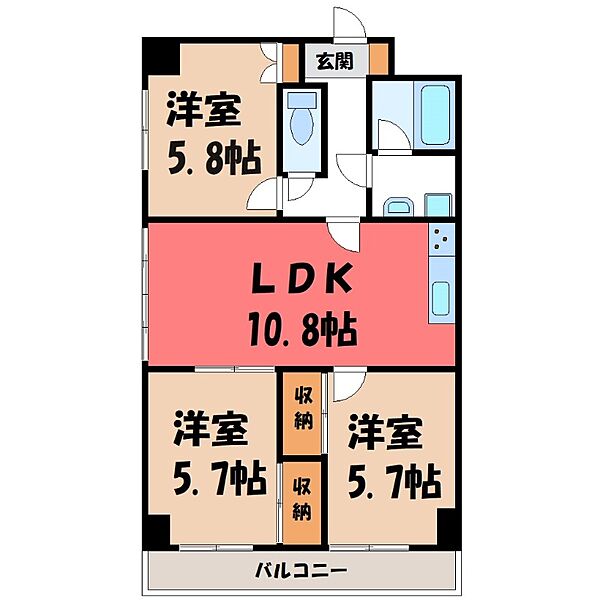 セントラルグリーンマンション ｜栃木県宇都宮市塙田2丁目(賃貸マンション3LDK・8階・60.60㎡)の写真 その2