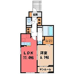 グランコートパル 1階1LDKの間取り