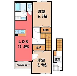 グランディール・E 2階2LDKの間取り