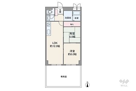 間取りは専有面積50.82平米の2LDK。専用庭付き、LDK約12.0帖のプラン。複数方向に採光部があり、バルコニー面積は6.45平米です。
