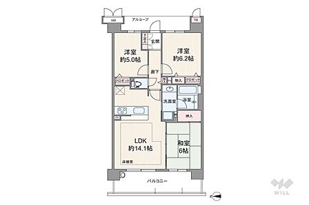間取りは専有面積68.76平米の3LDK。LDK14.1帖の縦長リビングプラン!リビング部分には床暖房あり!LDKと和室は繋げて使うことも可能!洗面室とキッチンが近く、家事動線良好!