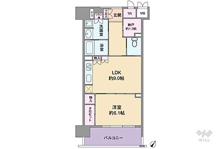 間取りは専有面積47.85平米の1LDK。LDK約9.0帖のプラン。バルコニー面積は8.26平米です。引き戸を多く採用したプラン!LDKと洋室は繋げて使うことも可能!お気軽にお問い合わせください!