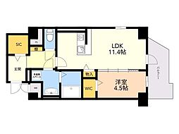 ドゥバーグ渡辺通 1LDKの間取図画像