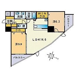 S-FORT警固タワー 2LDKの間取図画像