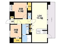 LIBTH博多住吉PREMIER 2LDKの間取図画像