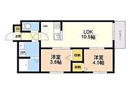 カトレア和白 1階2LDKの間取り