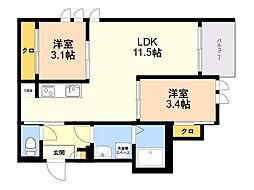 レガリスト大橋 2LDKの間取図画像