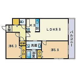 ヴェールメゾン篠原 3階2LDKの間取り