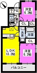SteLLa若草B 2LDKの間取図画像