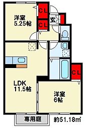 クリザンテーム・レテ 1階2LDKの間取り