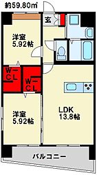 THE SQUARE Glory Residence 4階2LDKの間取り