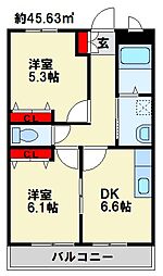 サンビレッジ翔2 2DKの間取図画像