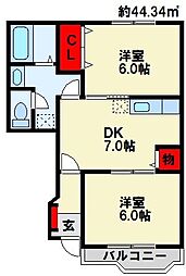 リバーサイドムラサキB棟 2DKの間取図画像