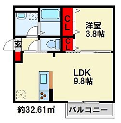 パディコート下城野 1LDKの間取図画像